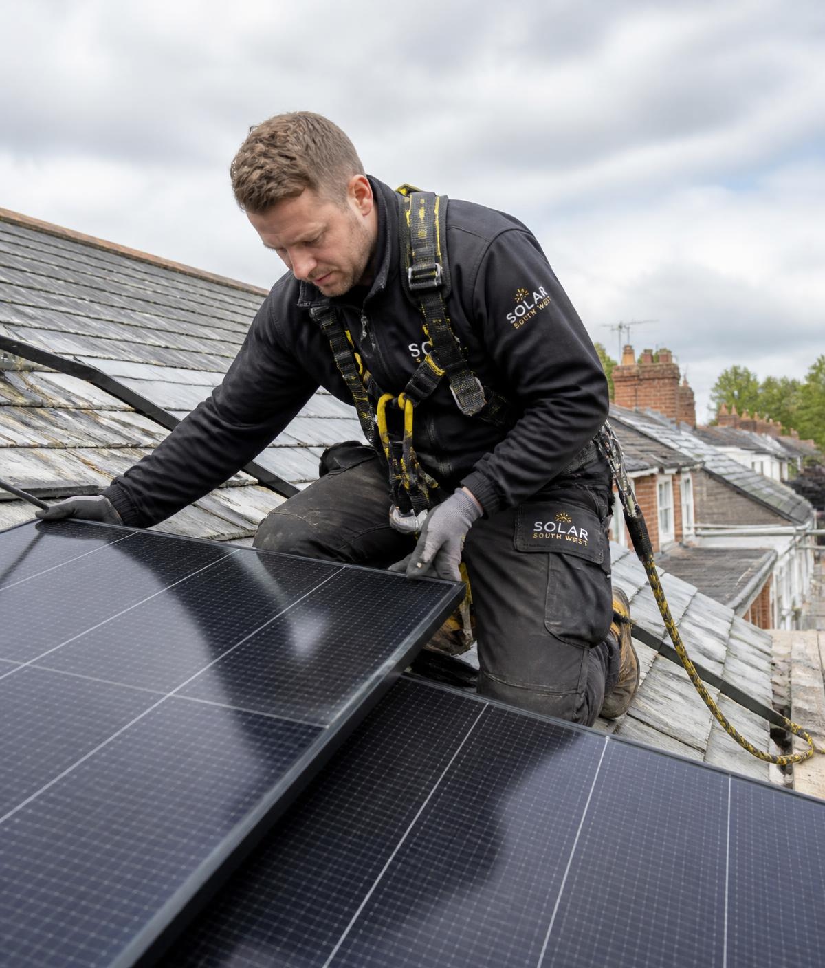 Solar installer working on a residential roof in the UK